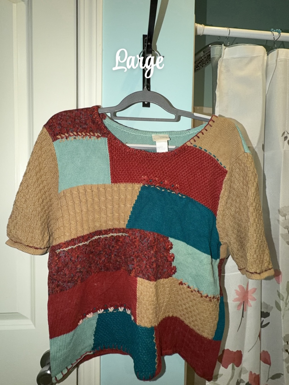 Koret Patchwork Scoop Neck Sweater - Teal, Red, Tan, Light Blue